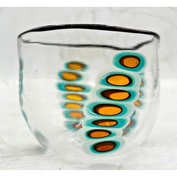 Hand Blown Art Glass Tumbler‎ Amber & Turquoise Oval Cane Design Artist Signe 04 - Picture 3 of 16